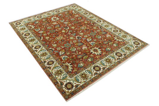 Hand Knotted Traditional Floral Rust, Beige, Blue And Ivory Wool Rug 8x10 ft Ideal for Living, Bedroom And Dining Rooms | CP2438810