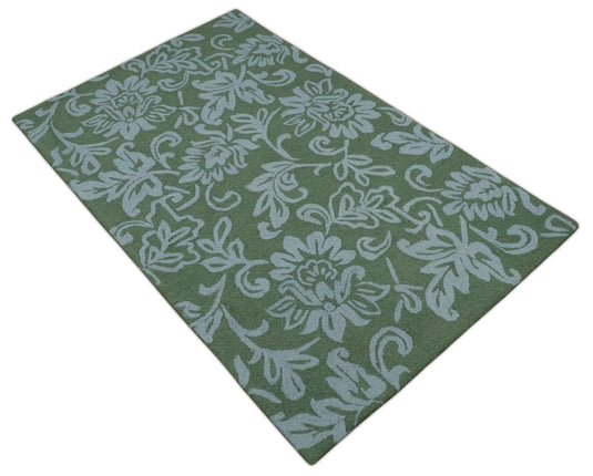 Custom Made Floral Pattern Green And Gray Hand Tufted  Wool Area Rug