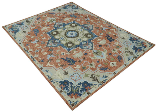 Custom Made Traditional Floral Beige, Blue, Green And Rust Hand Tufted Wool Area Rug