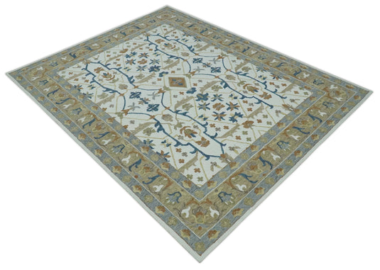 Custom Made Traditional Pattern Brown, Blue, Silver, And Ivory Hand Tufted Wool Area Rug