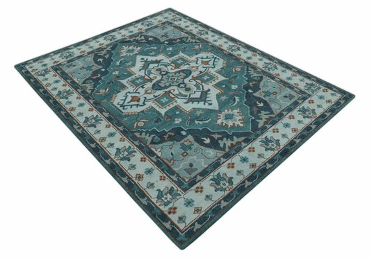 Traditional Pattern Blue, Teal And Rust Hand Knotted 8x10 ft wool Area Rug