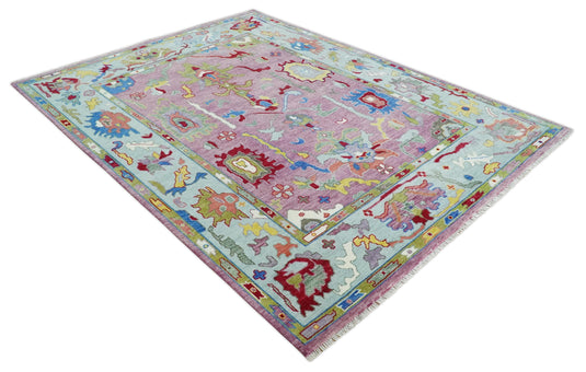 Vibrant Pink and Blue Hand knotted Coloful Oushak Multi Size wool Area Rug