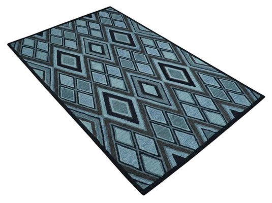 Custom Made Blue, Charcoal And Black Geometrical Harlequin Pattern Hand Tufted Wool Area Rug