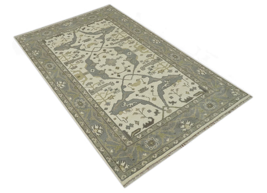 Custom Made Hand Knotted White, Gray And Olive Oriental Oushak Rug Wool Area Rug