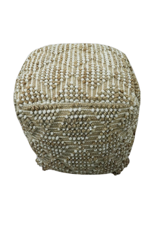 Modern Tribal Beige And White Jute And Wool Footstool, Seat, Foot Rest Living Room, Bedroom