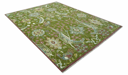 Hand Knotted Green Peacock Motifs Wool Rug 9x12 ft Ideal for Living, Bedroom And Dining Rooms