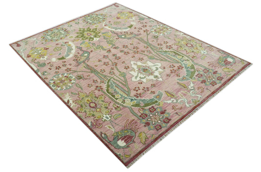 Peach, Green, Olive And Beige Antique Floral Jungle Hand Knotted 8x10 ft Wool Rug, Living Room Rug