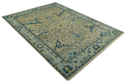 Custom Made Beige, Blue And Gold Oriental Oushak Hand Knotted Wool Area Rug