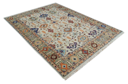 Custom Made Turkish Ivory and Green Colorful Traditional Hand Knotted Oushak Wool Area Rug