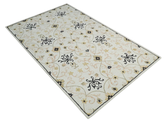 Custom Made Hand Tufted Ivory, Black And Peach Wool Area Rug