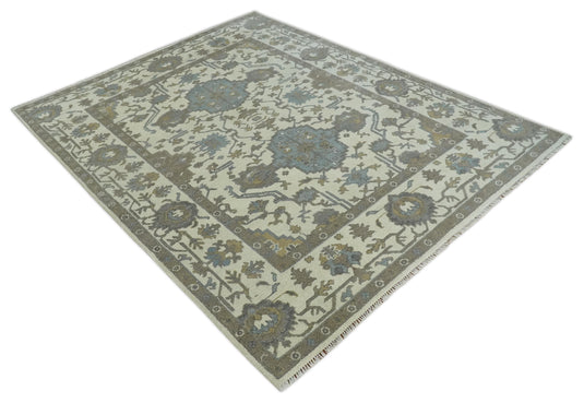 Traditional 8x10 Ivory and Brown Hand Knotted Oushak Wool Area Rug