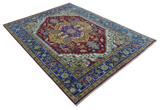 Multi Size Traditional Heriz Serapi Ivory, Gold and Electric Blue wool Area Rug