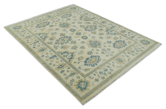 7.9x9.11 Beige and Gray Hand Knotted Oushak Wool Area Rug