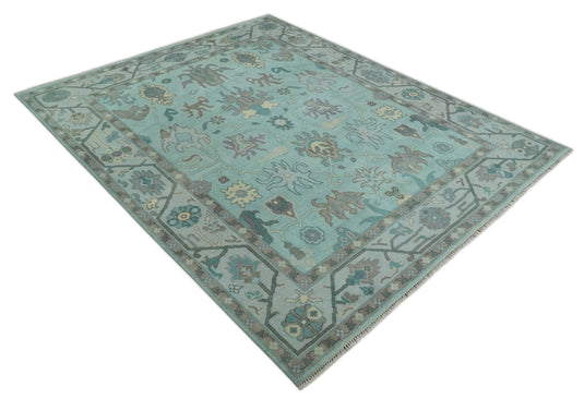 Oriental 8x10 Hand Knotted Aqua and Silver Oushak traditional Wool Area Rug