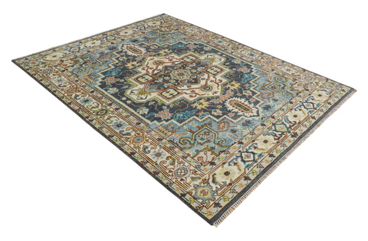 Hand Knotted Medallion Heriz Serapi Rug Ivory, grey and blue Multi Size Ideal for Living, Bedroom, and Dining Rooms | CP751