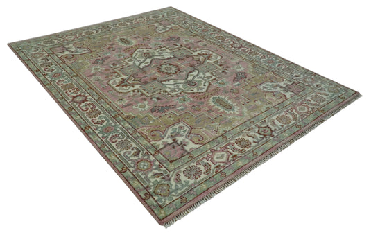 Custom Made Traditional Heriz Pink, Olive And Ivory Hand Knotted Wool Area Rug