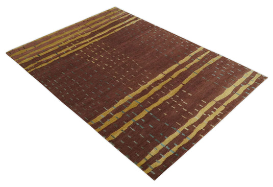 Stripe Pattern Hand knotted Brown and Gold 5x7 ft Bedroom, Living Room Rug , Wool Silk Area Rug AAOC257