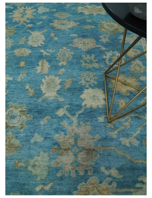 Hand Knotted Oriental Oushak Rug Blue and Beige Multi Size Ideal for Living, Bedroom, and Dining Rooms