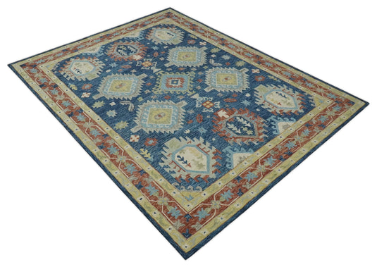 Custom Made Traditional Turkish Silver, Blue, Brown And Olive Hand Tufted Wool Area Rug