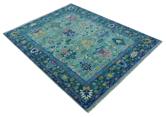 Traditional Oriental Colorful Oushak Hand knotted Green and Blue 9x12 ft Bedroom, Living Room Rug ,wool Area Rug