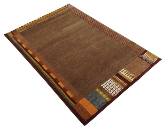 Modern Geometrical Pattern Handloom Brown and Rust 4x6 ft Bedroom, Living Room Rug , Wool, Art Silk  Area Rug AAOC946