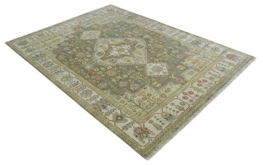 Traditional Hand knotted Ivory, Green and Beige Multi Size Traditional Heriz Serapi wool area rug