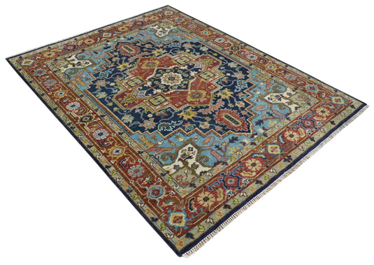 Hand Knotted Heriz Serapi Rug Blue, Rust and Aqua Multi Size Ideal for Living, Bedroom, and Dining Rooms | CP192