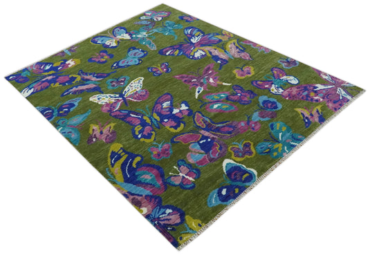 Traditional Vibrant Colorful Hand Knotted Butterfly Life Moss Green and Purple Multi Size Ideal for Living, Bedroom, and Dining Room