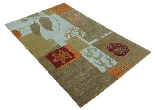 Traditional Leaf Block Print Handloom Green, Aqua and Olive 5x8 ft Bedroom, Living Room Rug , Wool  Area Rug AAOC858