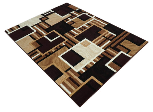 Modern Geometrical Pattern Beige, Brown, Black And White Hand Woven 6x8 ft Bedroom, Living Room Rug Polyester Area Rug