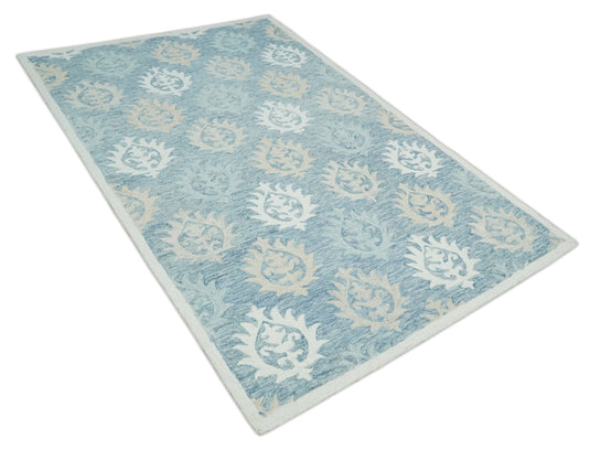 Custom Made Traditional Ikat Pattern Gray, Ivory, Beige And Blue Hand Tufted Wool Area Rug