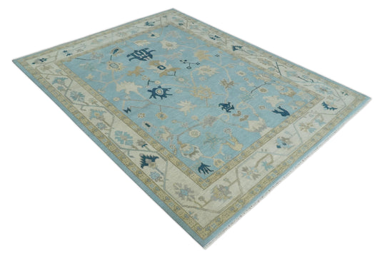 Custom Made Hand Knotted Oushak Blue, Ivory And Beige Wool Area Rug