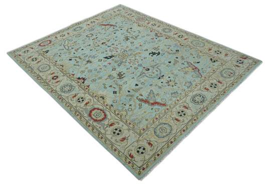 Vintage Antique Oushak Light Blue, Beige And Red Hand Knotted 8x10 ft Bedroom, Living Room Rug Wool Area Rug