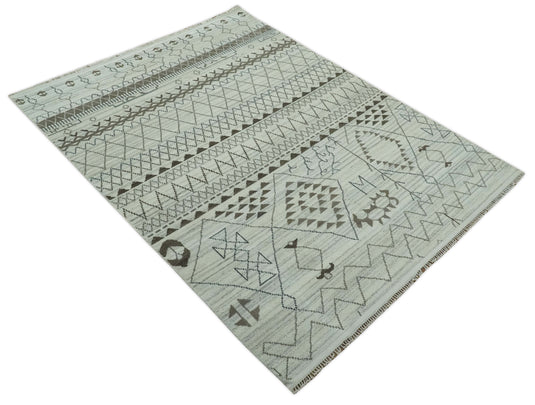 Custom Made Diamond Trellis Pattern Ivory And Charcoal Hand Knotted Wool Area Rug