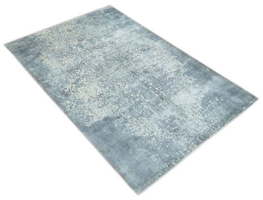 Abstract Floral Silver, Gray And Ivory Handloom 5x8 ft Bedroom, Living Room Rug Wool And Viscose Area Rug