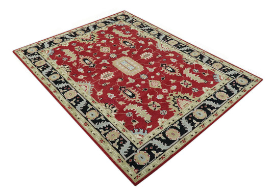 Custom Made Traditional Oriental Red, Black And Beige Hand Knotted Wool Area Rug