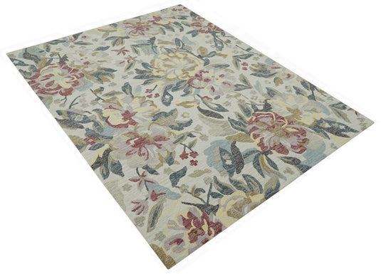 Hand Tufted Floral Ivory, Beige, Gray And Rust Rug 8x10 ft Ideal for Living, Bedroom And Dining Rooms