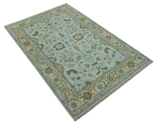 Custom Made Hand Knotted Traditional Floral Aqua, Beige, Gray And Charcoal Wool Area Rug