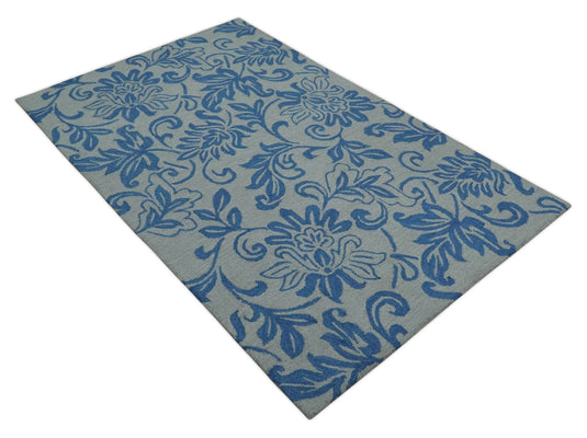 Custom Made Traditional Floral Pattern Gray And Blue Hand Tufted  Wool Area Rug