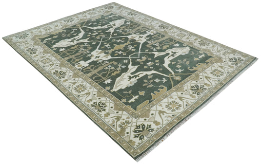 Hand Knotted Oriental Oushak Rug Green, Ivory and Beige Multi Size Ideal for Living, Bedroom, and Dining Room