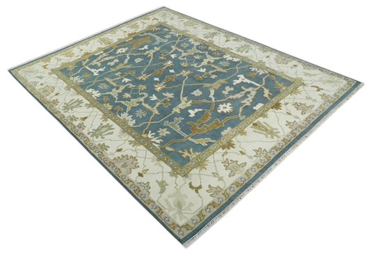 8x10 Blue, Ivory and Beige Hand Knotted Oriental Oushak Wool Area Rug