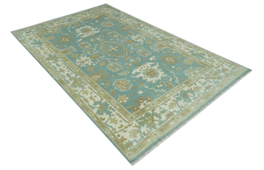 Custom Made Hand Knotted Blue, Green And ivory Oushak Rug Wool Area Rug