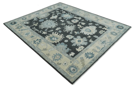 Custom Made Oriental Oushak Hand Knotted Black, Ivory And Gray Wool Area Rug