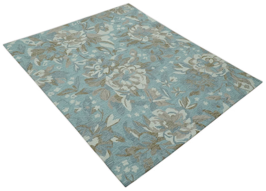 Custom Made Hand Tufted Floral Blue, Ivory, Brown And Gray Rug Wool Area Rug