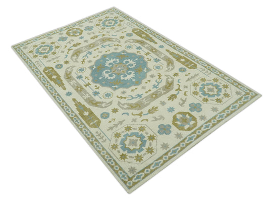 Custom Made Ivory, Blue, Gray And Olive Traditional Medallion Mamluk Hand Knotted Wool Area Rug