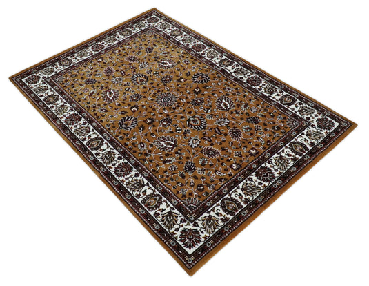 Traditional Floral Brown And White Hand Woven 5x7 ft Bedroom, Living Room Rug Wool Area Rug