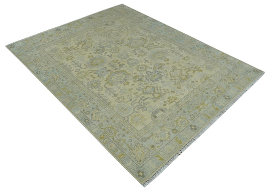 Antique Finish Beige and Silver Hand knotted 8x10 Oushak wool Area Rug