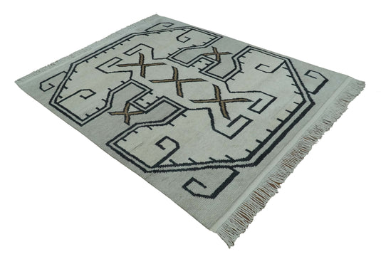 Farmhouse Tribal Pattern Ivory and Charcoal 8x10 Hand Knotted Antique South Western Area Rug