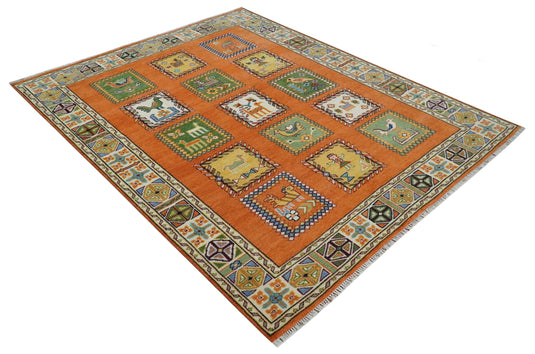 Antique look Hand knotted Rust, Ivory, Green and Beige Tribal Gabbeh 8x10 wool Area Rug