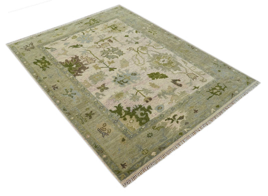 Custom Made Green, Cream, Brown And Beige Floral Oushak Hand Knotted Wool Area Rug